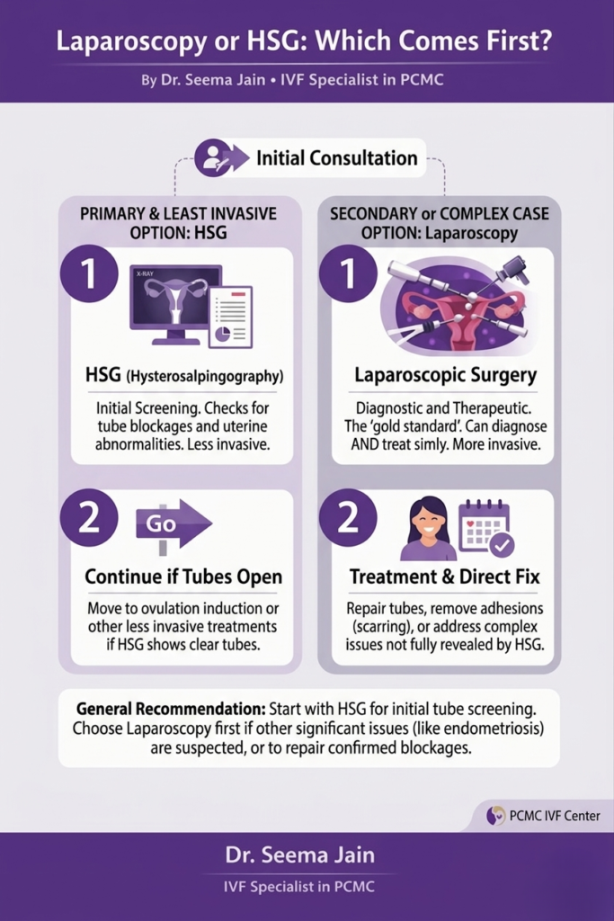 HSG or laparoscopy first fertility workup by Dr. Seema Jain IVF Specialist In PCMC