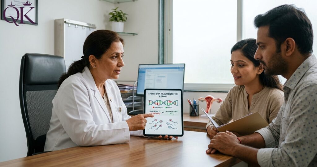 Step-by-step visual of DNA fragmentation testing including semen collection, lab analysis, DNA damage assessment, and personalised fertility treatment planning.