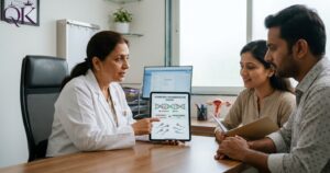 Step-by-step visual of DNA fragmentation testing including semen collection, lab analysis, DNA damage assessment, and personalised fertility treatment planning.