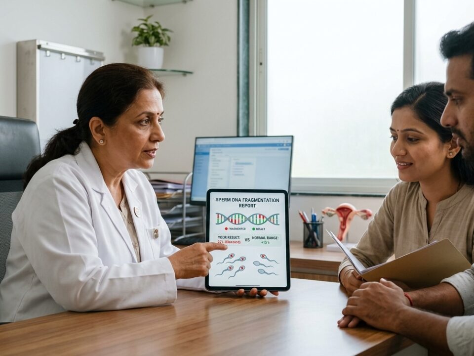 Step-by-step visual of DNA fragmentation testing including semen collection, lab analysis, DNA damage assessment, and personalised fertility treatment planning.