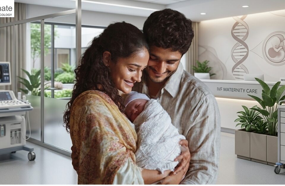 Visual representation showing egg retrieval, sperm selection, ICSI fertilisation, embryo development, and embryo transfer process.