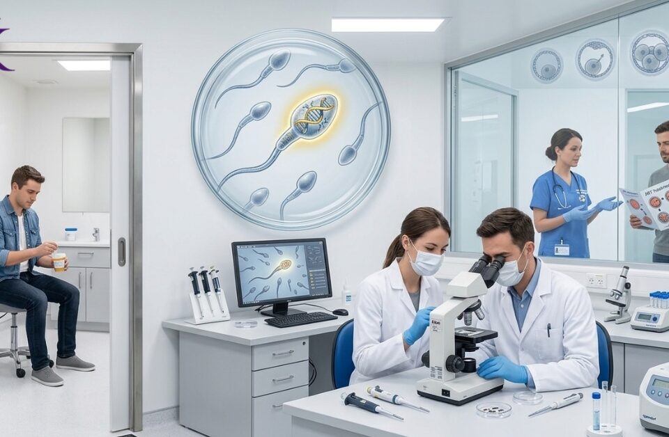 Visual representation showing hormonal preparation, endometrial biopsy, lab analysis, and personalised embryo transfer timing.