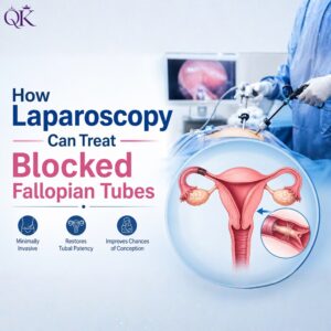 Visual guide showing how laparoscopy treats blocked fallopian tubes step by step, including diagnosis, removal of blockage, and recovery process