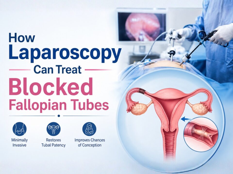 Visual guide showing how laparoscopy treats blocked fallopian tubes step by step, including diagnosis, removal of blockage, and recovery process